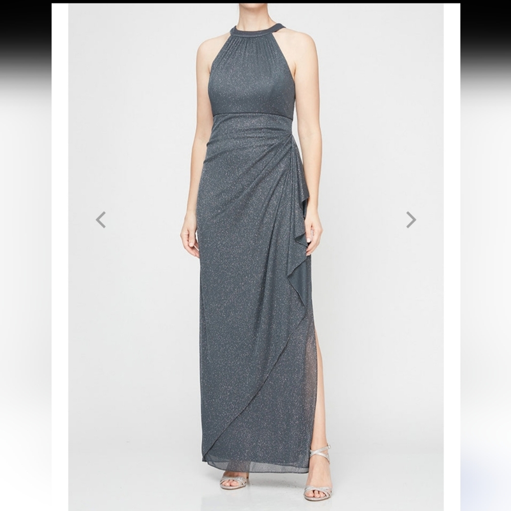 Alex Evenings Glitter Mesh Halter Dress - Silver Grey Metallic Size 14 MSRP $189